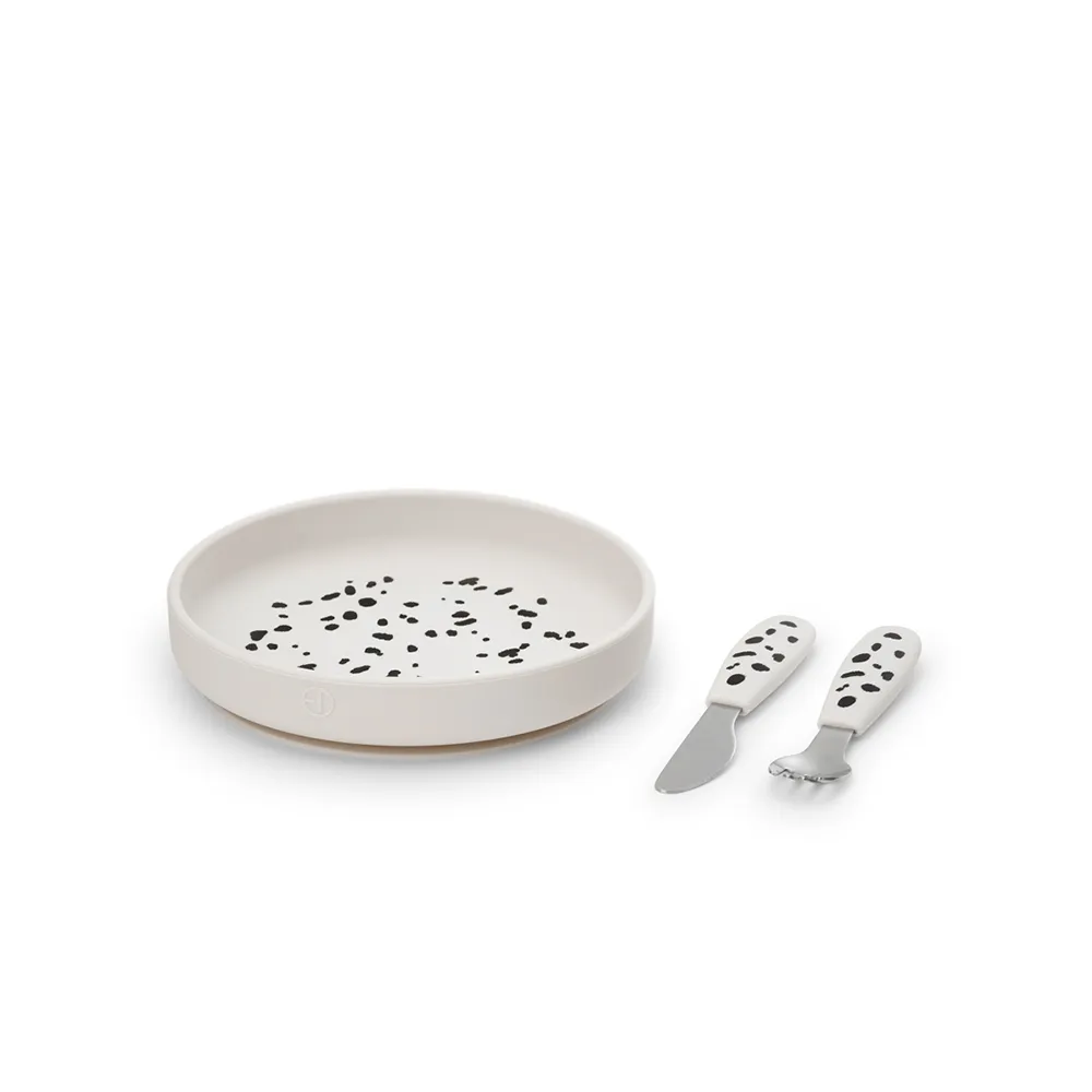 Elodie Silikoni lautanen ruokailuvälineillä Dalmatian Dots Dalmatian Dots